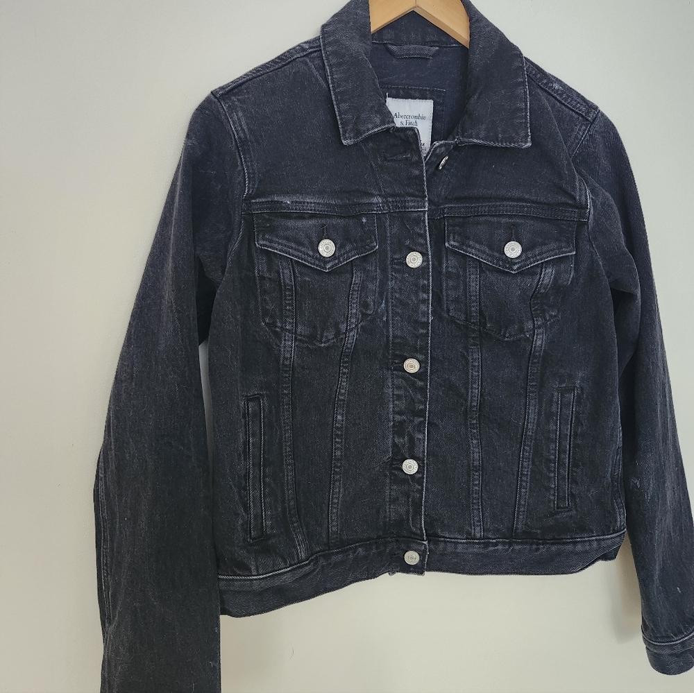 Re Worked A&F Black Denim Jacket With Strawberry Patch On Back - Picture 3 of 11